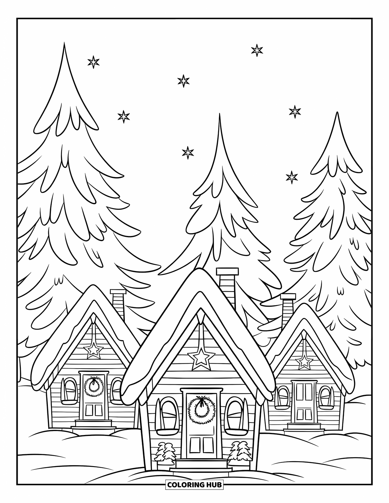 December Coloring Page for Kids: Three decorated houses sit in a snowy village surrounded by tall, quiet trees