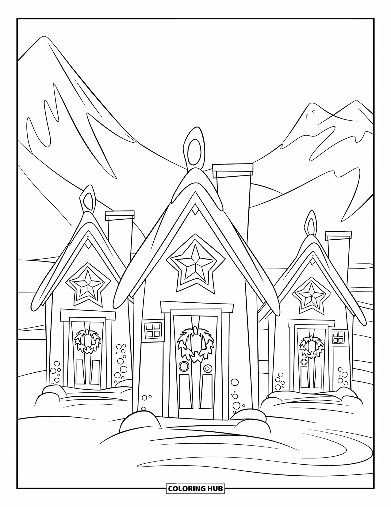 December Coloring Page for Kids: Three snowy houses with wreaths and stars sit quietly in a mountain village
