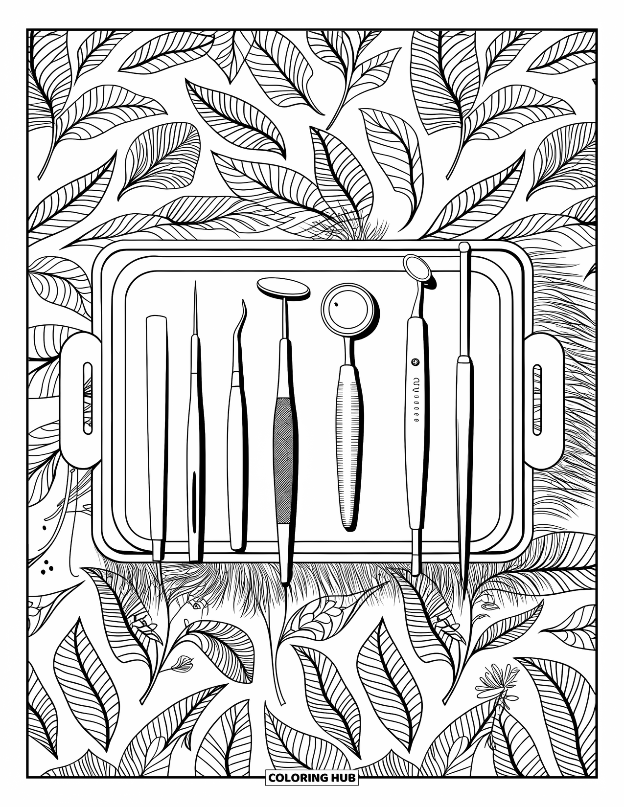 Dentist Coloring Page for Adults: A clean tray of dental tools rests on a background of delicate leaf patterns
