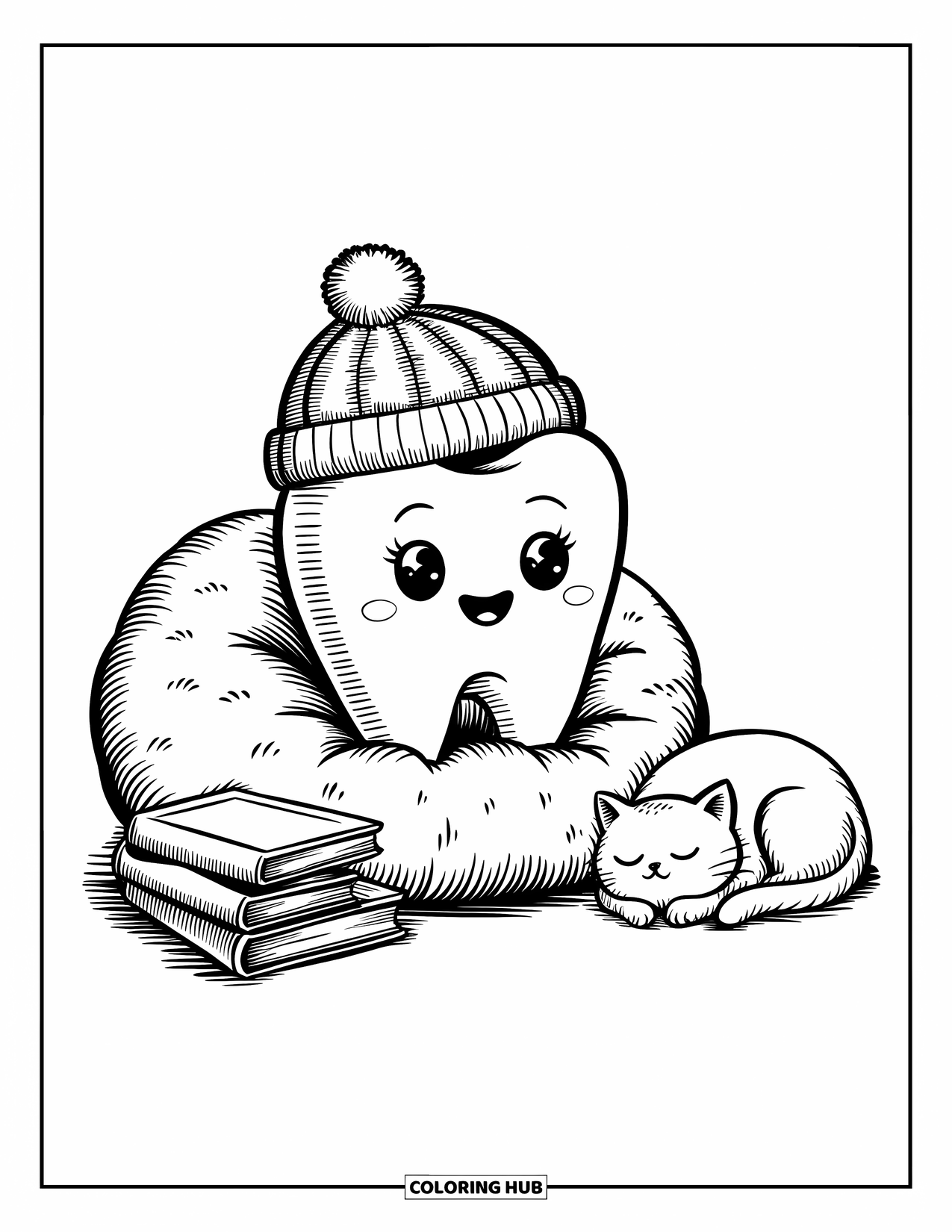 Dentist Coloring Page for Adults: A cozy tooth in a beanie rests on a bean bag beside books and a sleeping cat