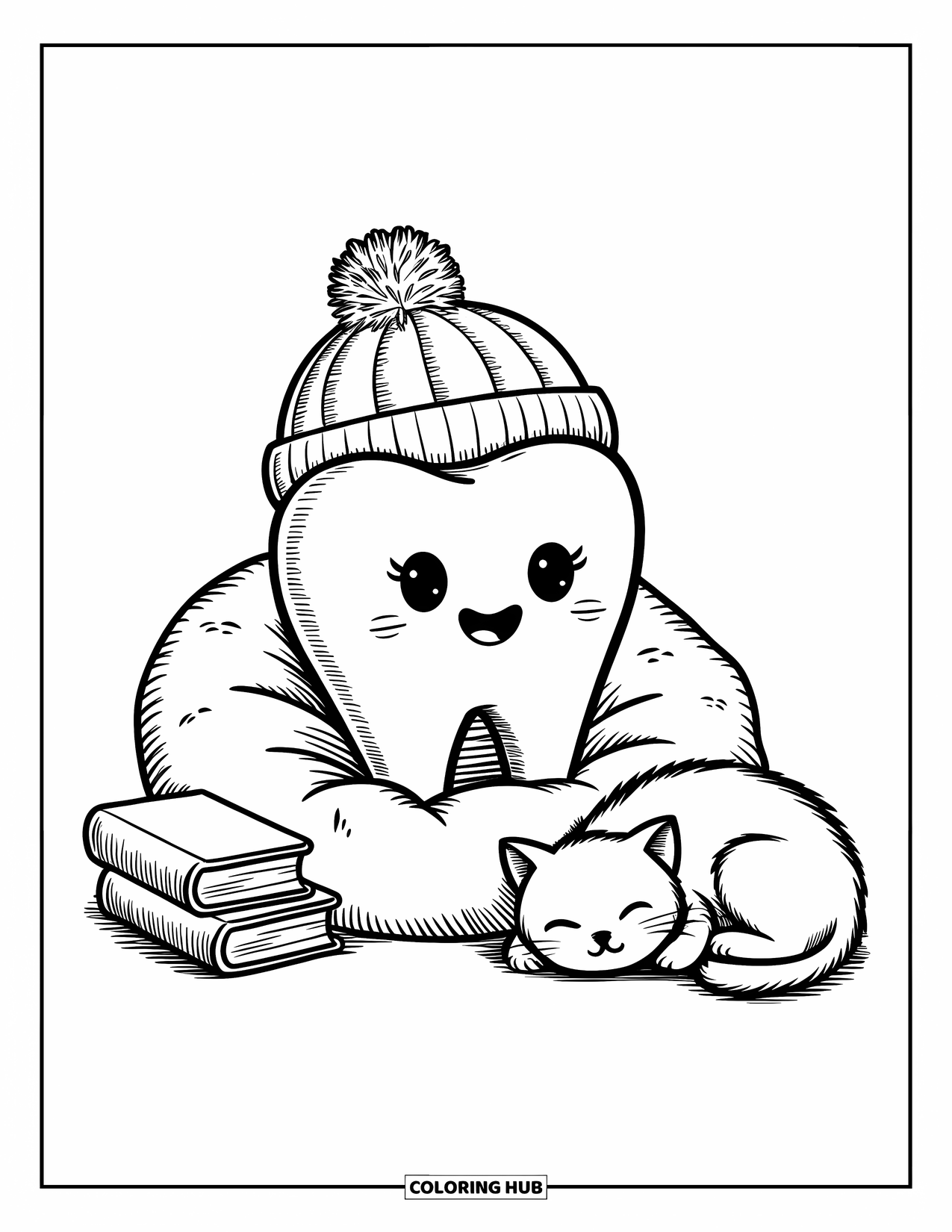 Dentist Coloring Page for Adults: A cute tooth in a cozy beanie chills with books and a sleepy cat nearby