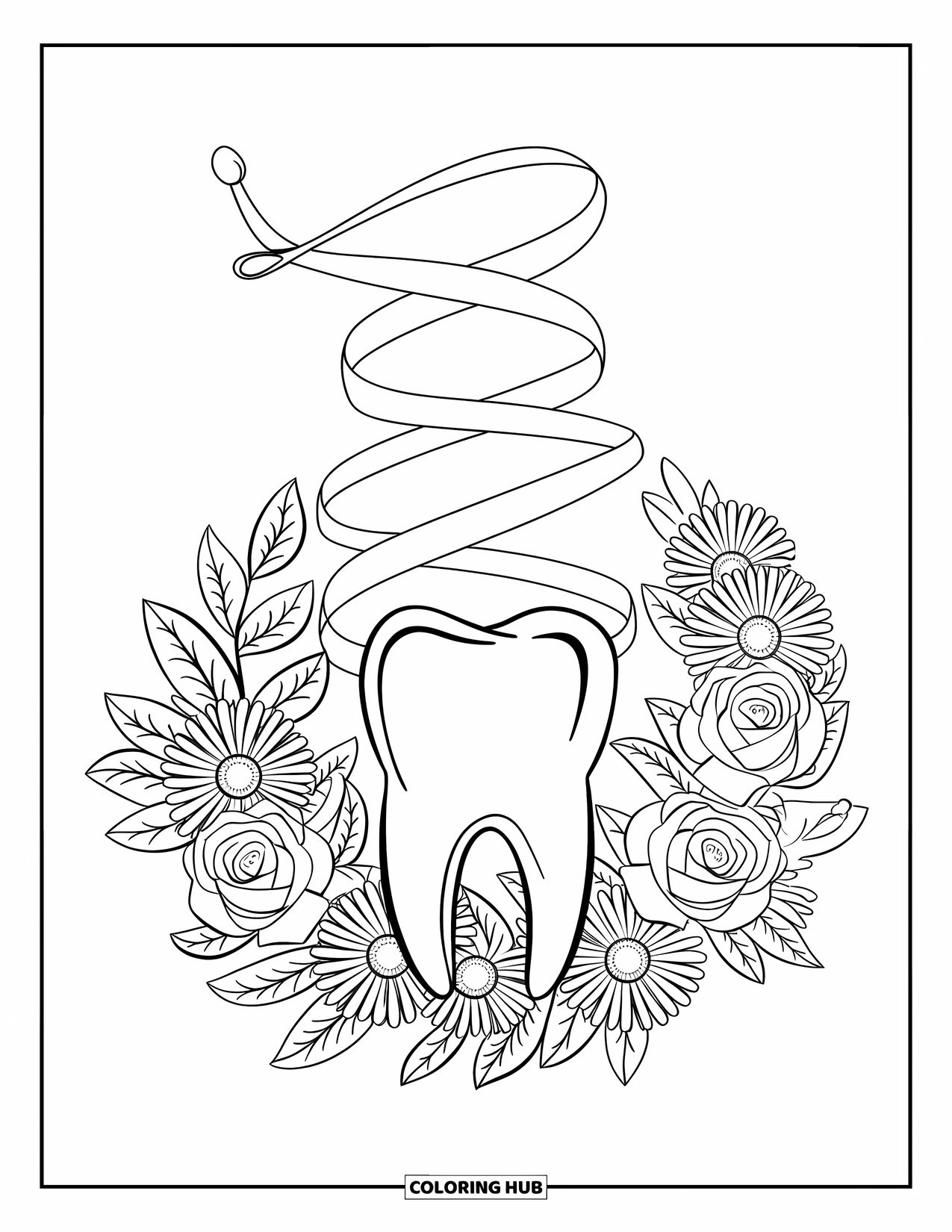 Dentist Coloring Page for Adults: A floral wreath wraps around a molar with dental floss woven through the flowers