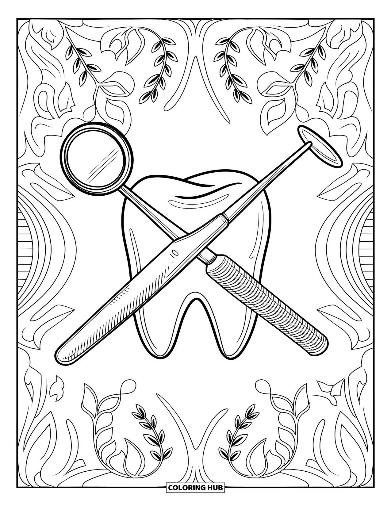 Dentist Coloring Page for Adults: A mirror and explorer cross above a tooth surrounded by detailed vines and patterns