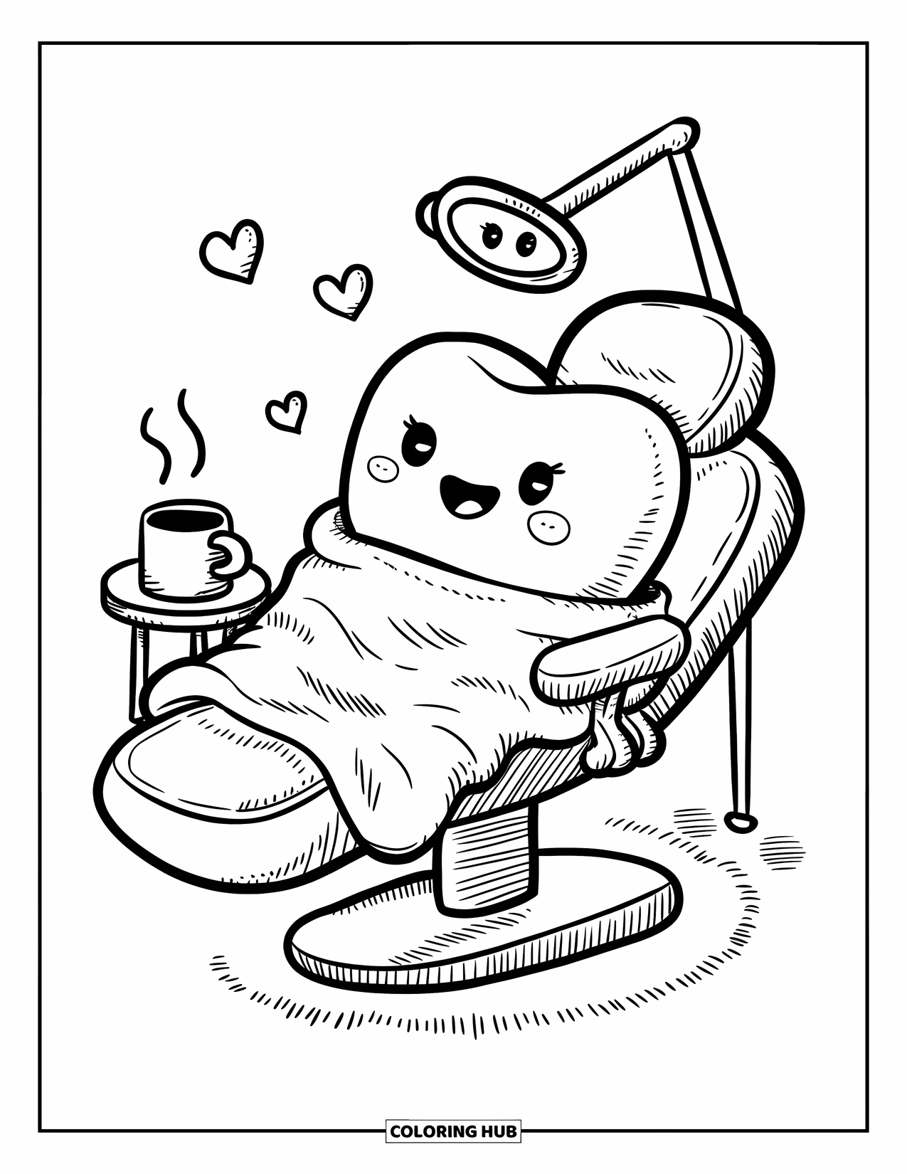Dentist Coloring Page for Adults: A molar relaxes under a blanket beside a steaming mug and tiny floating hearts