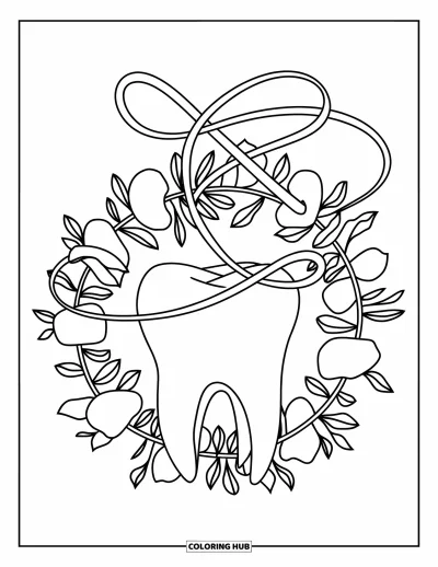 Tandlægetegning til voksne: En kindtand sidder i en blomsterkrans med en knyttet tandtrådsribbon der snor sig gennem den