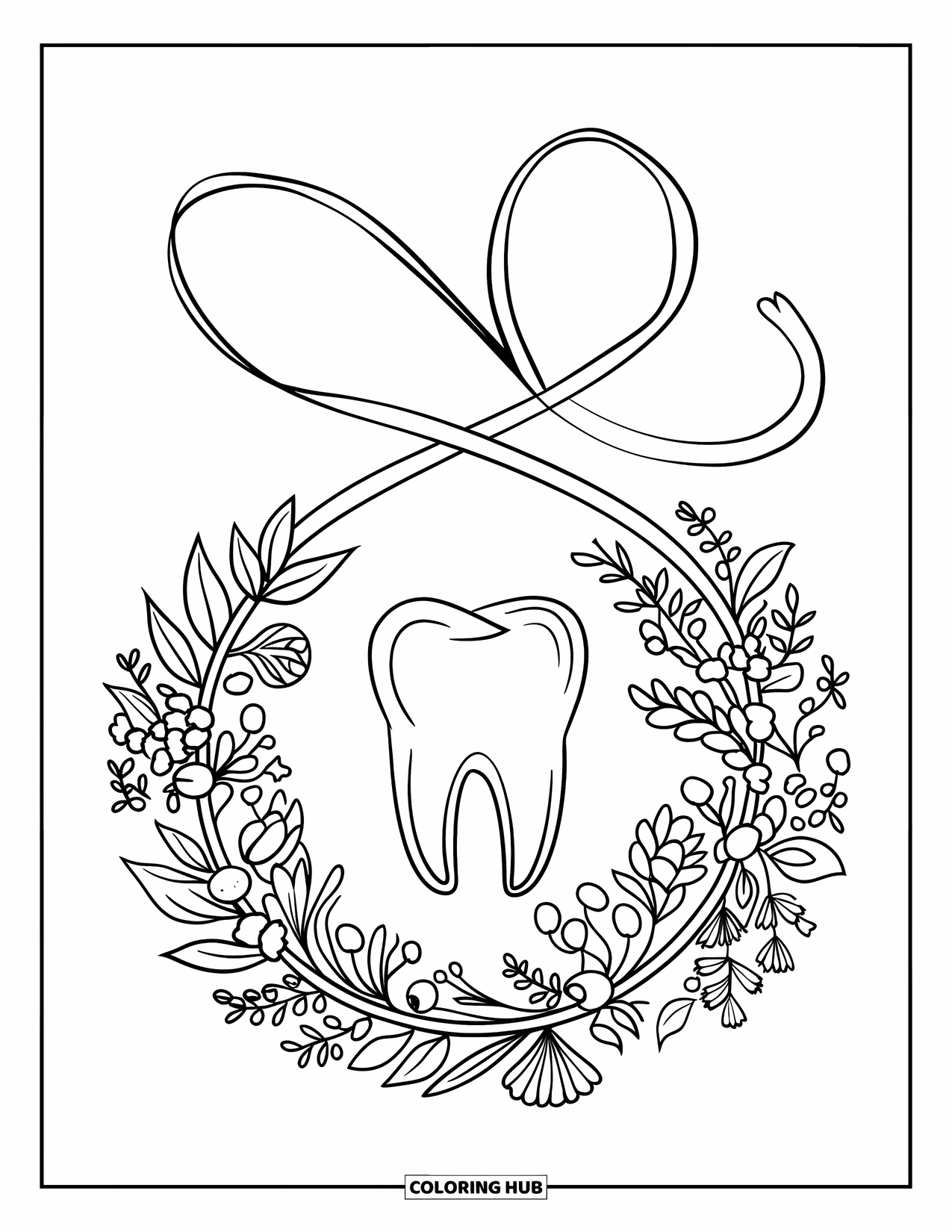 Dentist Coloring Page for Adults: A ribbon of dental floss weaves through a floral wreath wrapped around a central molar