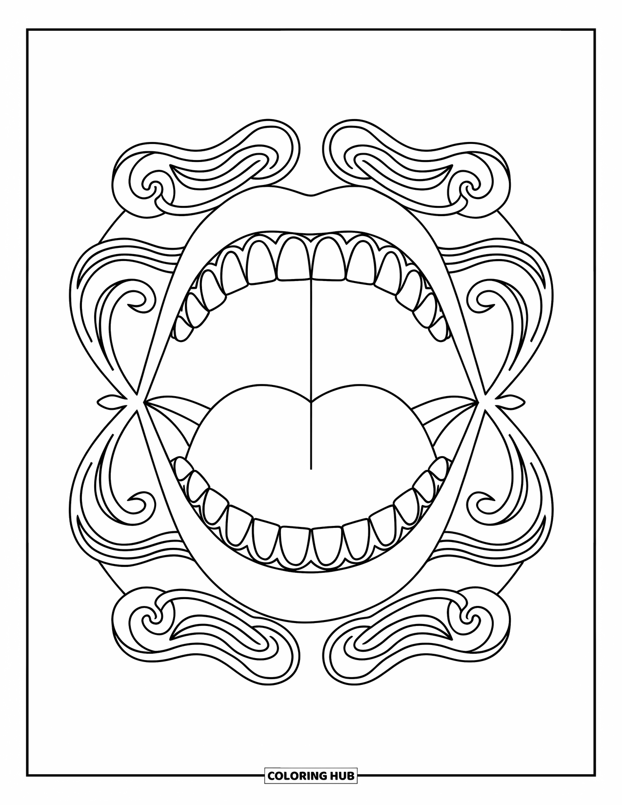 Dentist Coloring Page for Adults: A stylized mouth with pointy teeth is framed by intricate ornamental swirls