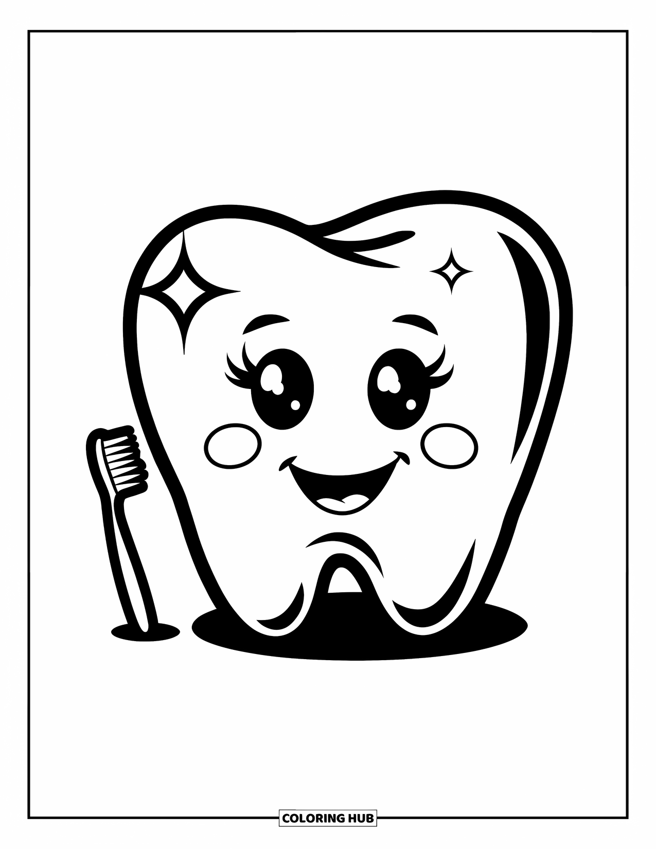 Dentist Coloring Page for Kids: A big cute tooth sparkles with a tiny toothbrush beside it