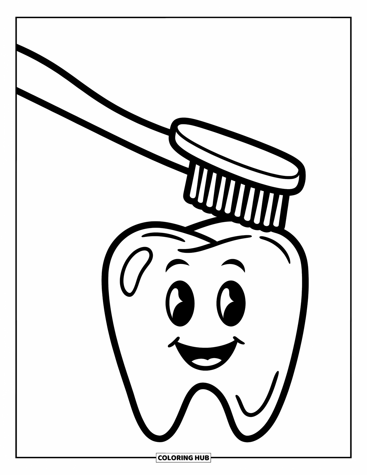 Dentist Coloring Page for Kids: A big smiling tooth gets brushed by a giant toothbrush
