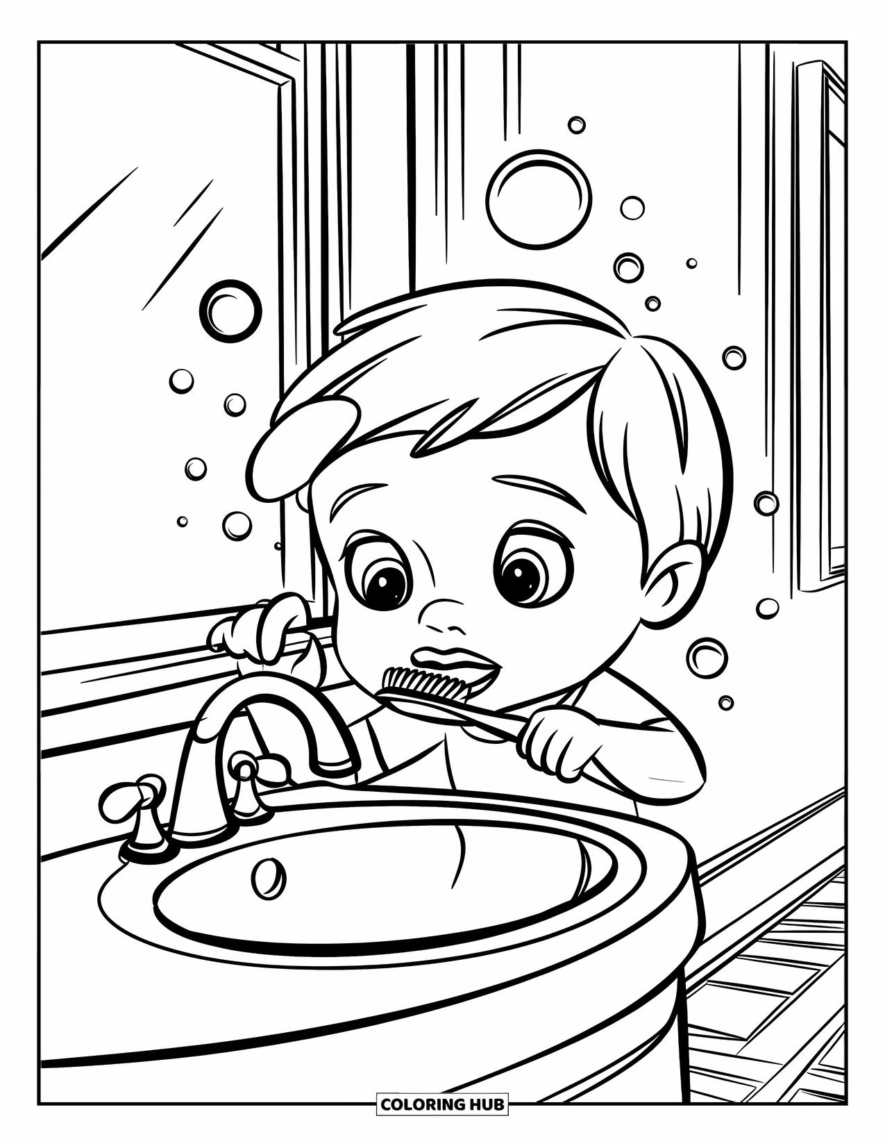 Dentist Coloring Page for Kids: A child brushes their teeth at a sink with bubbles and a patterned floor nearby