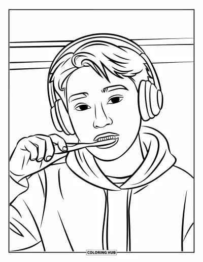 Tandlægetegning til børn: En cool teenager med høretelefoner børster tænder i en afslappet positur
