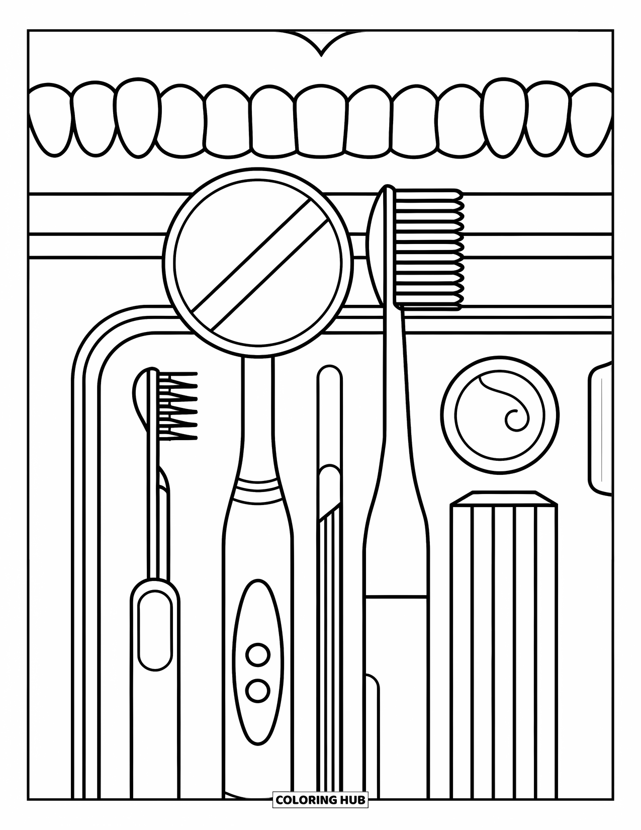 Dentist Coloring Page for Kids: A cute tray holds a mirror, toothbrush, and floss with teeth and gums in the background