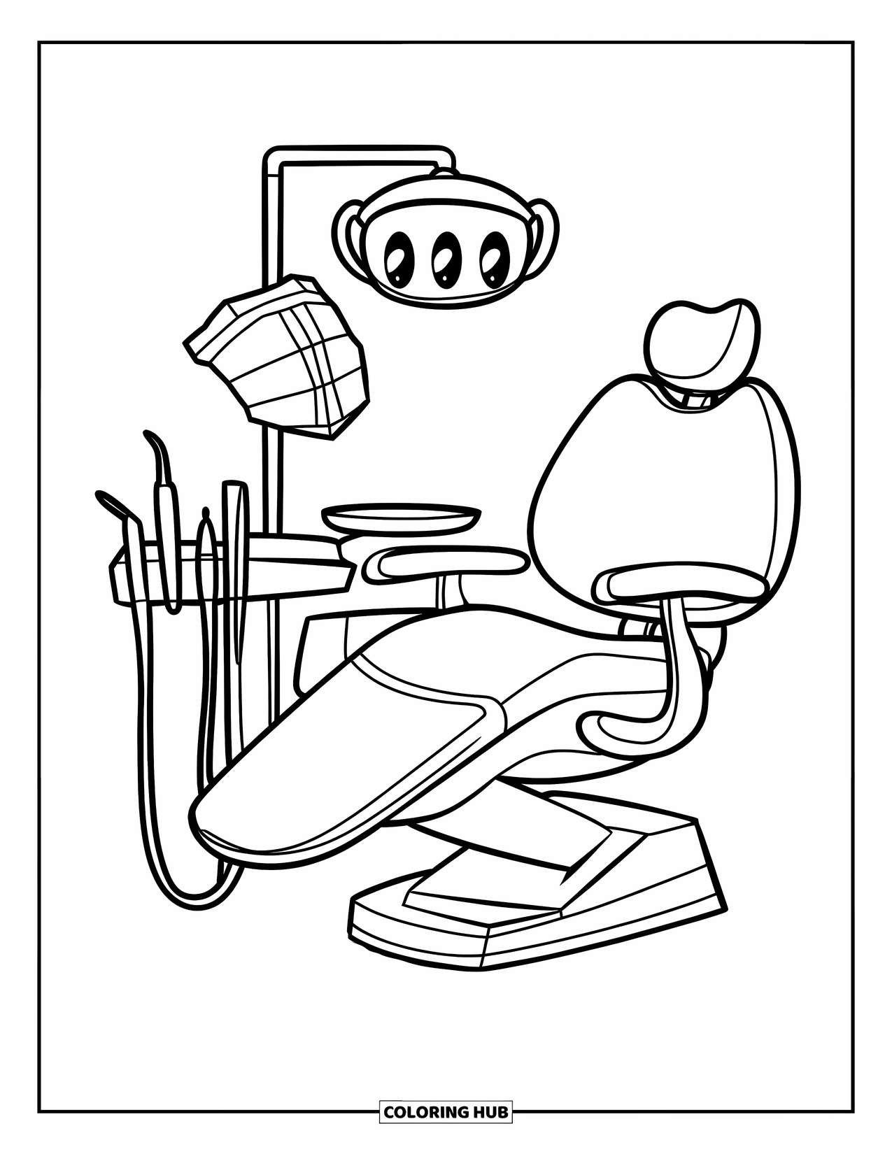 Dentist Coloring Page for Kids: A dentist chair surrounded by tools, gloves, and a mask in the room