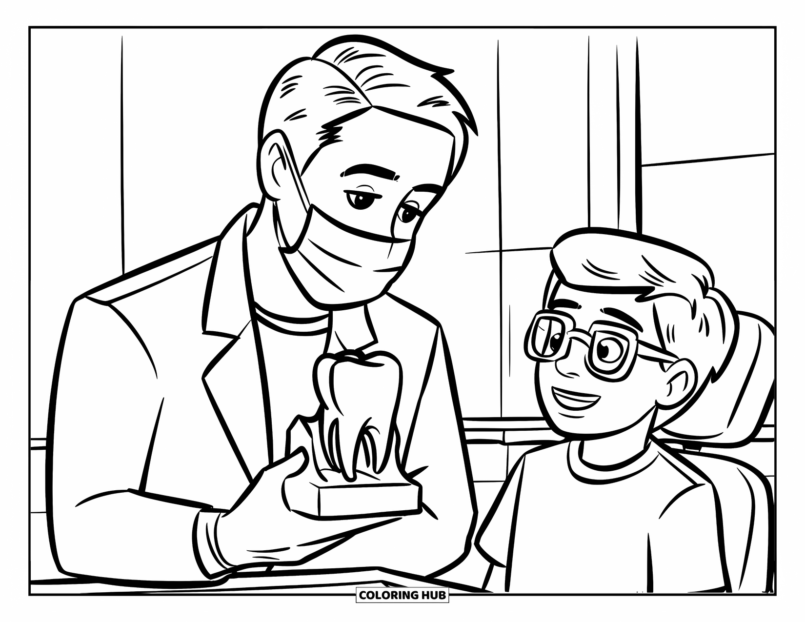 Dentist Coloring Page for Kids: A dentist shows a tooth model to a curious kid in a cozy dental office