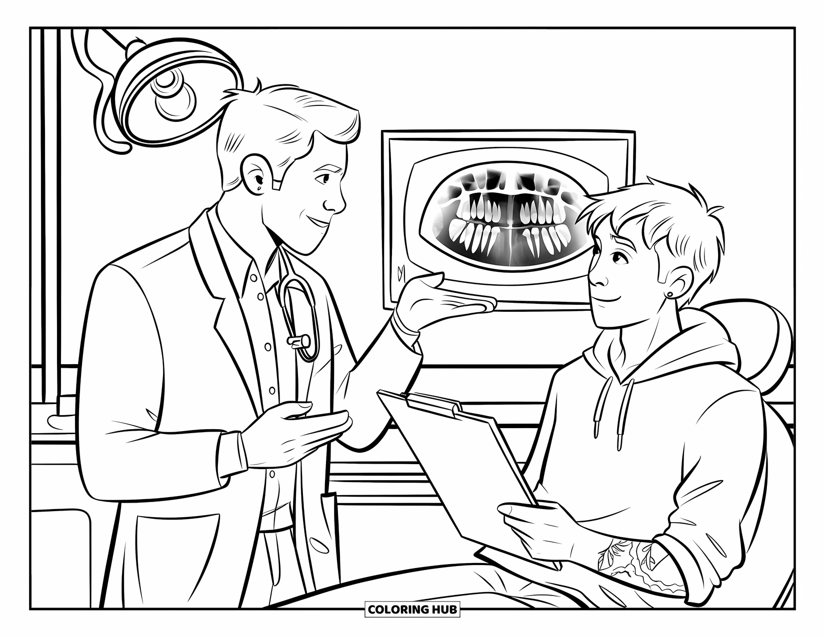 Dentist Coloring Page for Kids: A dentist with a stethoscope points at an X-ray while a teen listens with interest