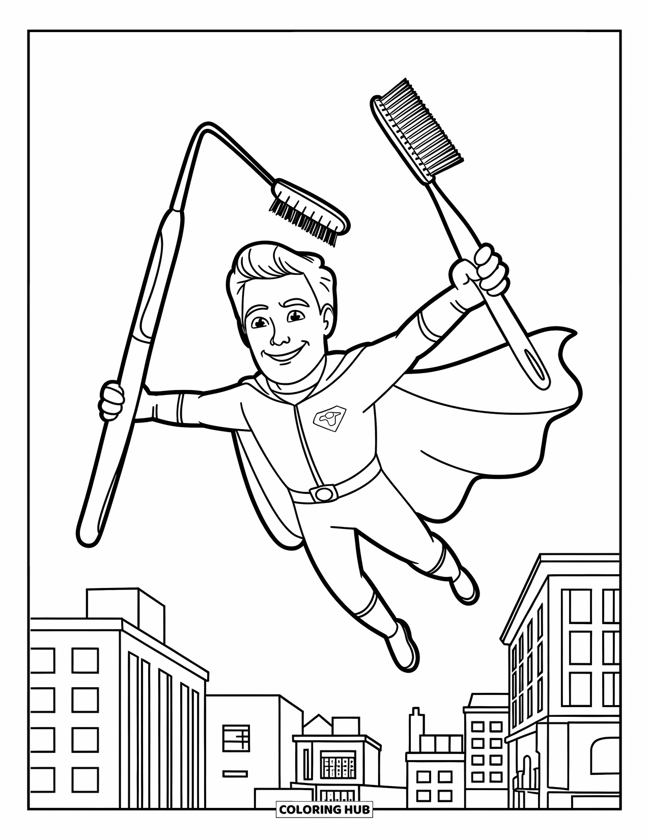 Dentist Coloring Page for Kids: A flying dentist superhero carries floss and a brush across city buildings