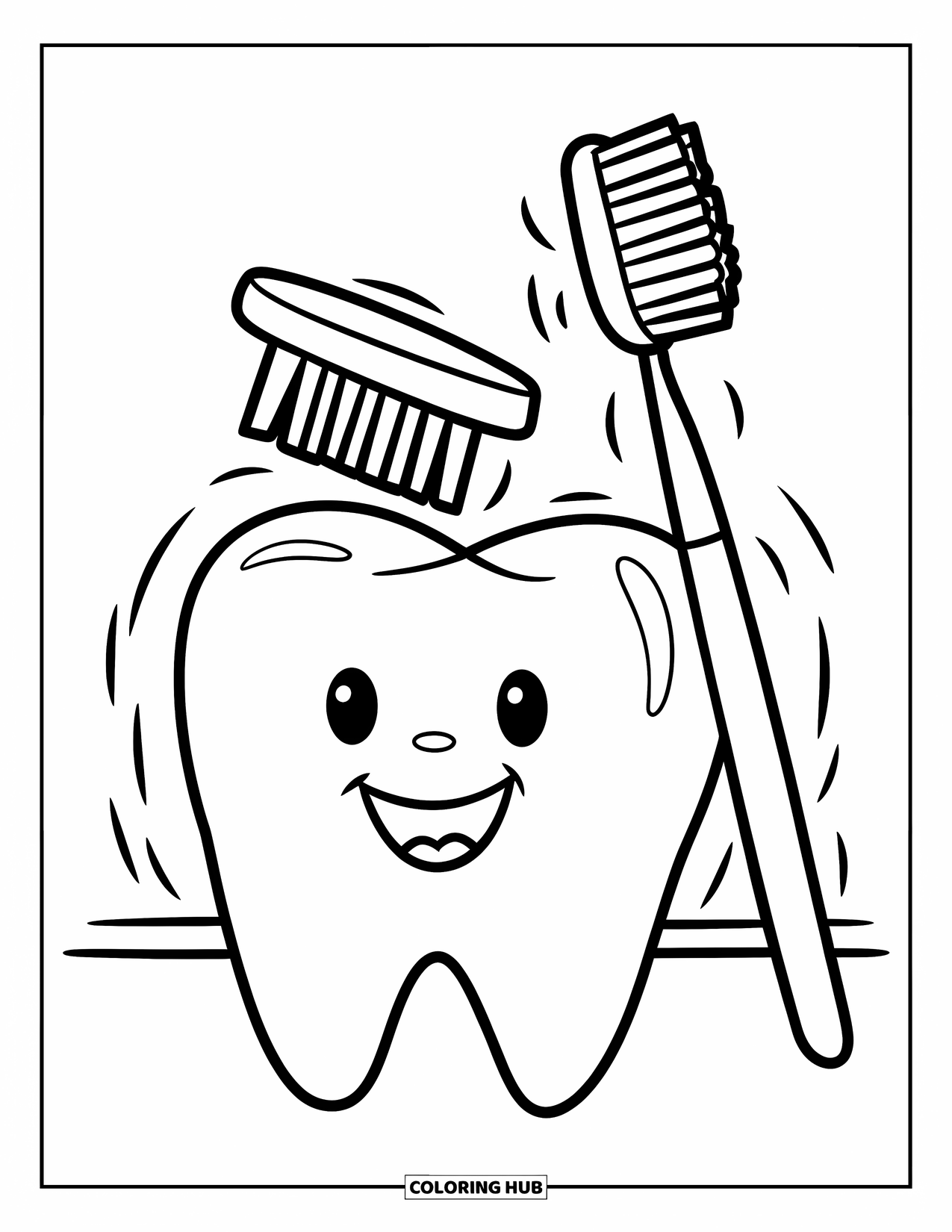 Dentist Coloring Page for Kids: A giant tooth with a happy face is brushed by a large upright toothbrush
