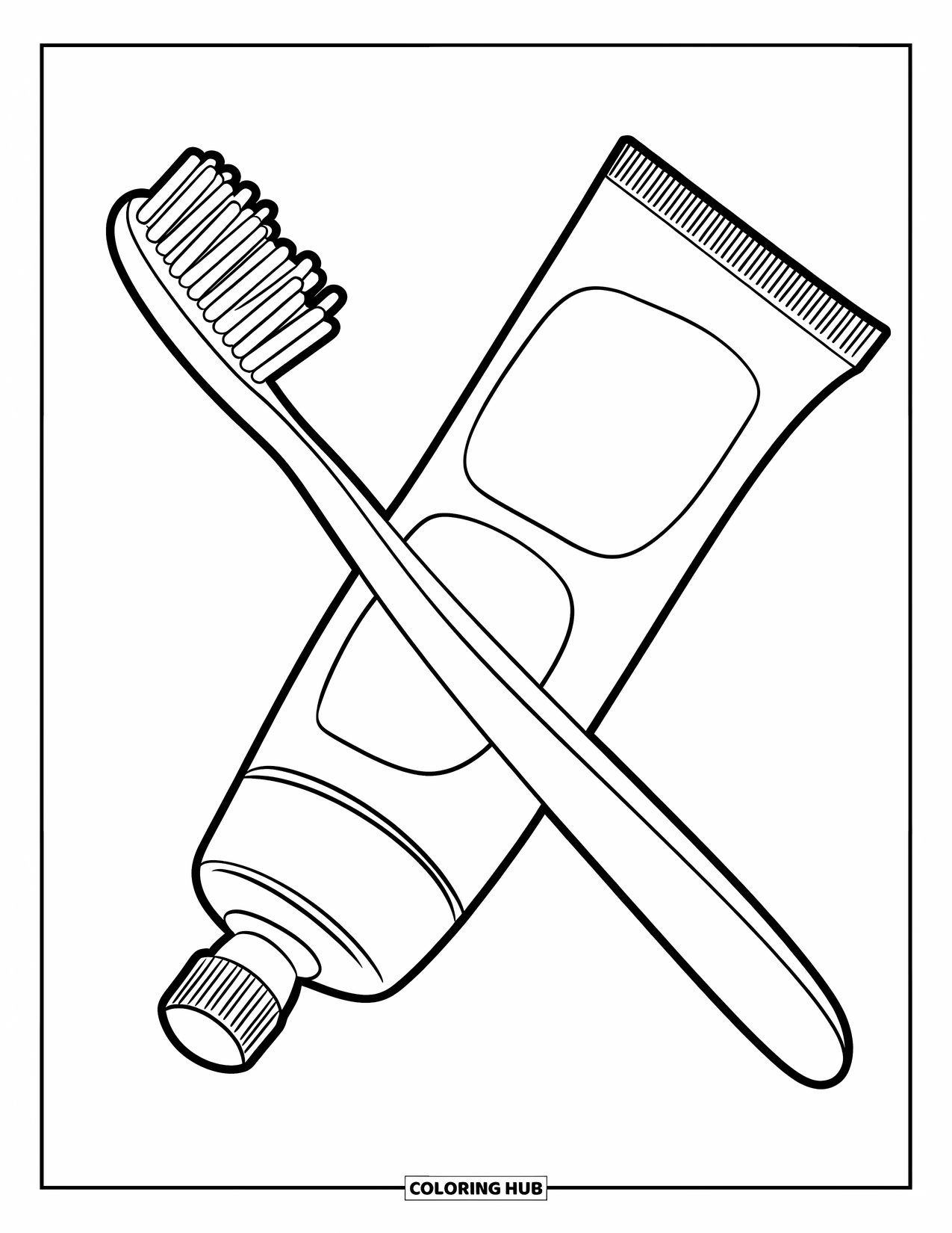 Dentist Coloring Page for Kids: A giant toothbrush and toothpaste cross like an X in a fun, playful design