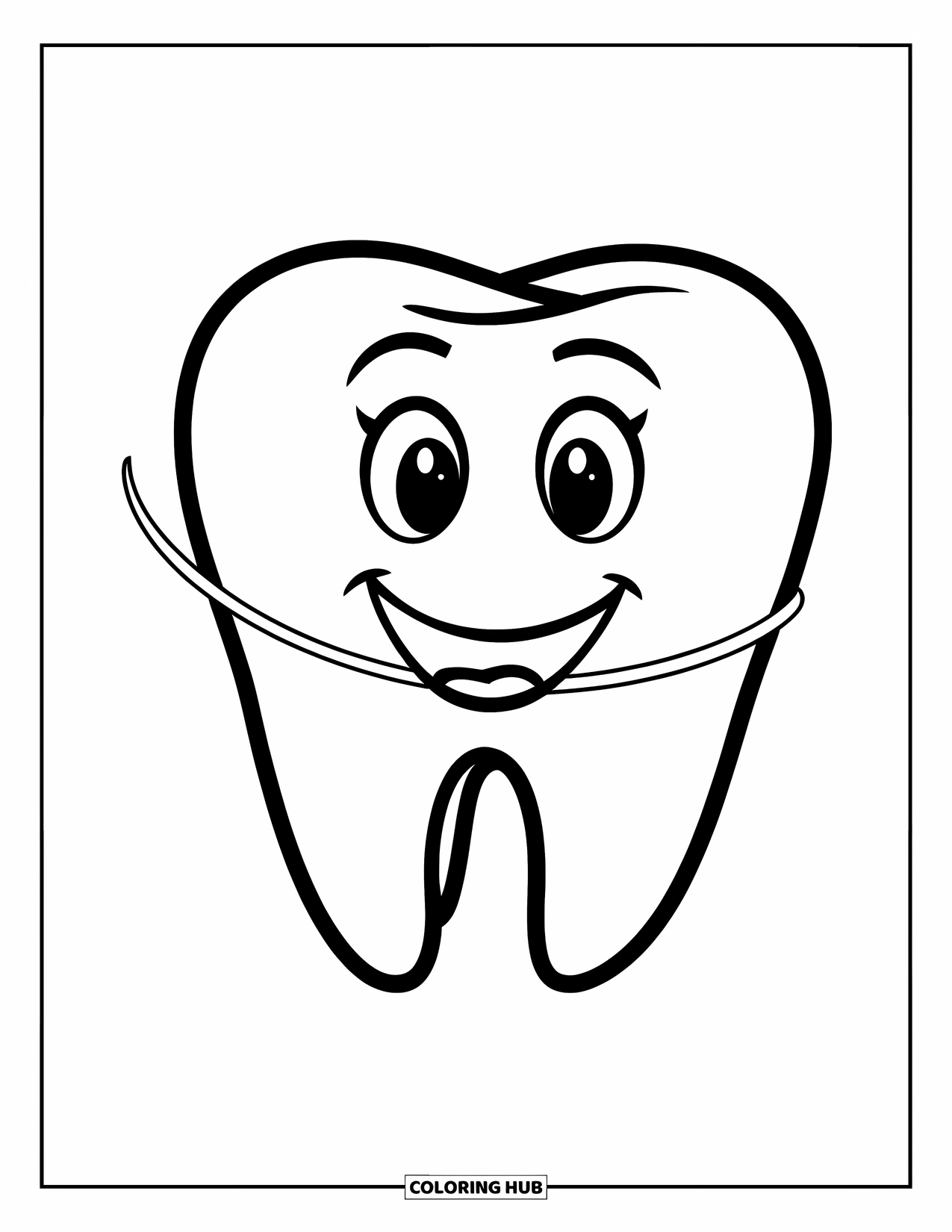 Dentist Coloring Page for Kids: A happy tooth holds a tiny floss string between its gum