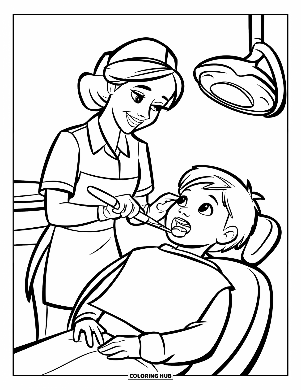 Dentist Coloring Page for Kids: A hygienist uses a dental tool to clean a kid's teeth under a lamp and mirror