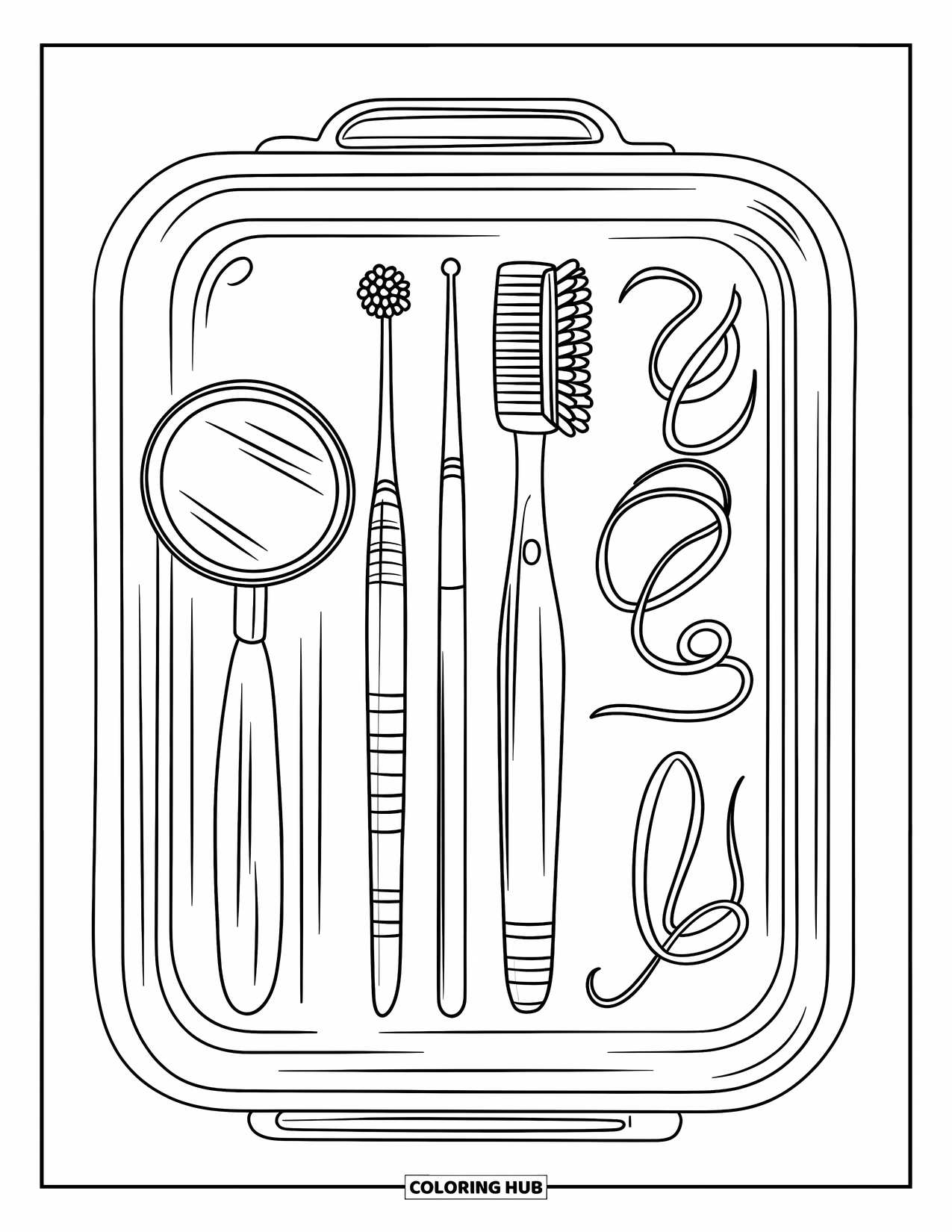 Dentist Coloring Page for Kids: A neatly arranged tray of dental tools sits in a clean and friendly layout