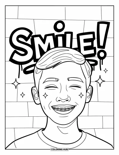 Tandlægetegning til børn: En smilende teenager med bøjle står ved siden af graffiti der siger "Smile!"