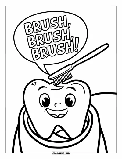 Tandlægetegning til børn: En smilende tand børstes af en stor tandbørste under en taleboble med "Brush, brush, brush!"