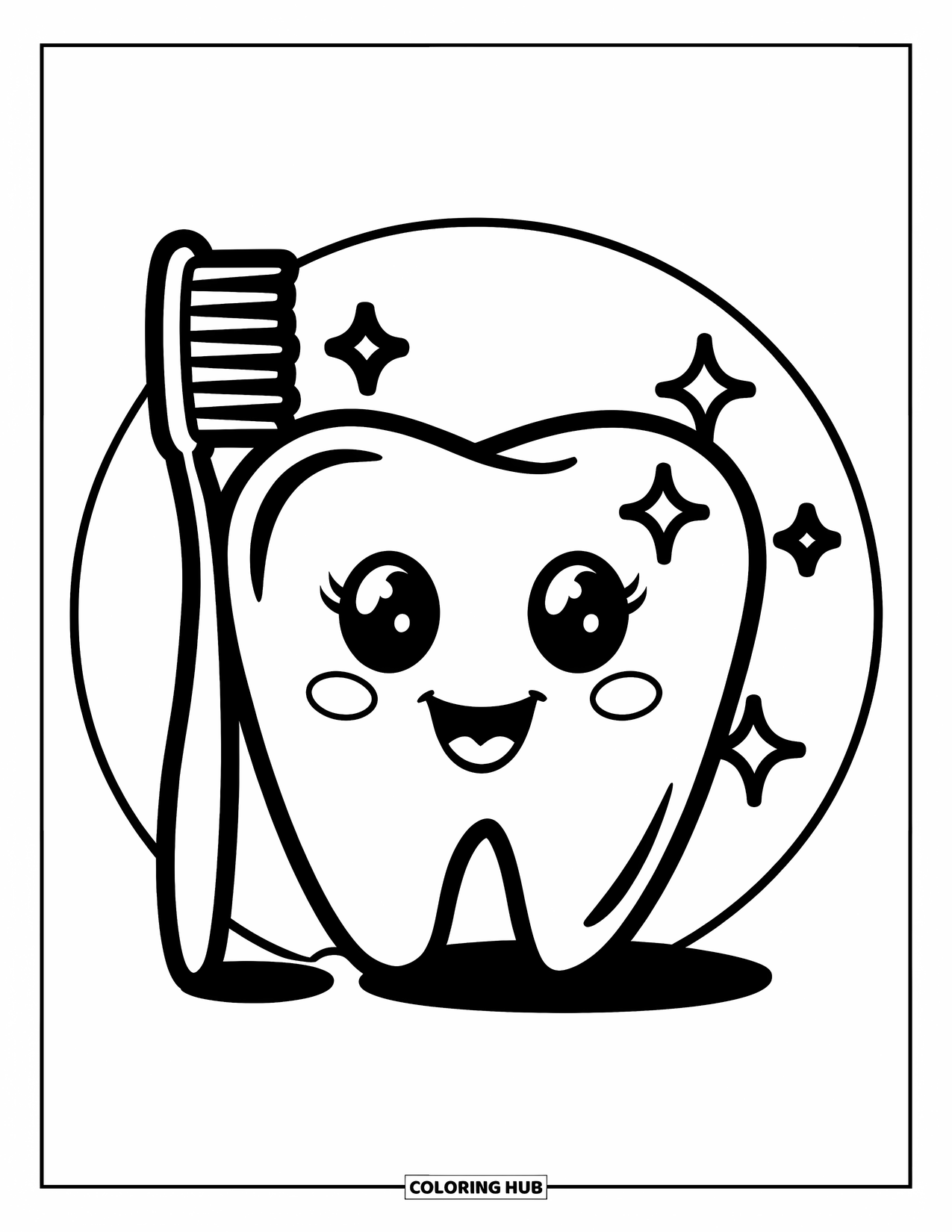 Dentist Coloring Page for Kids: A smiling tooth sparkles while a tiny toothbrush leans against it