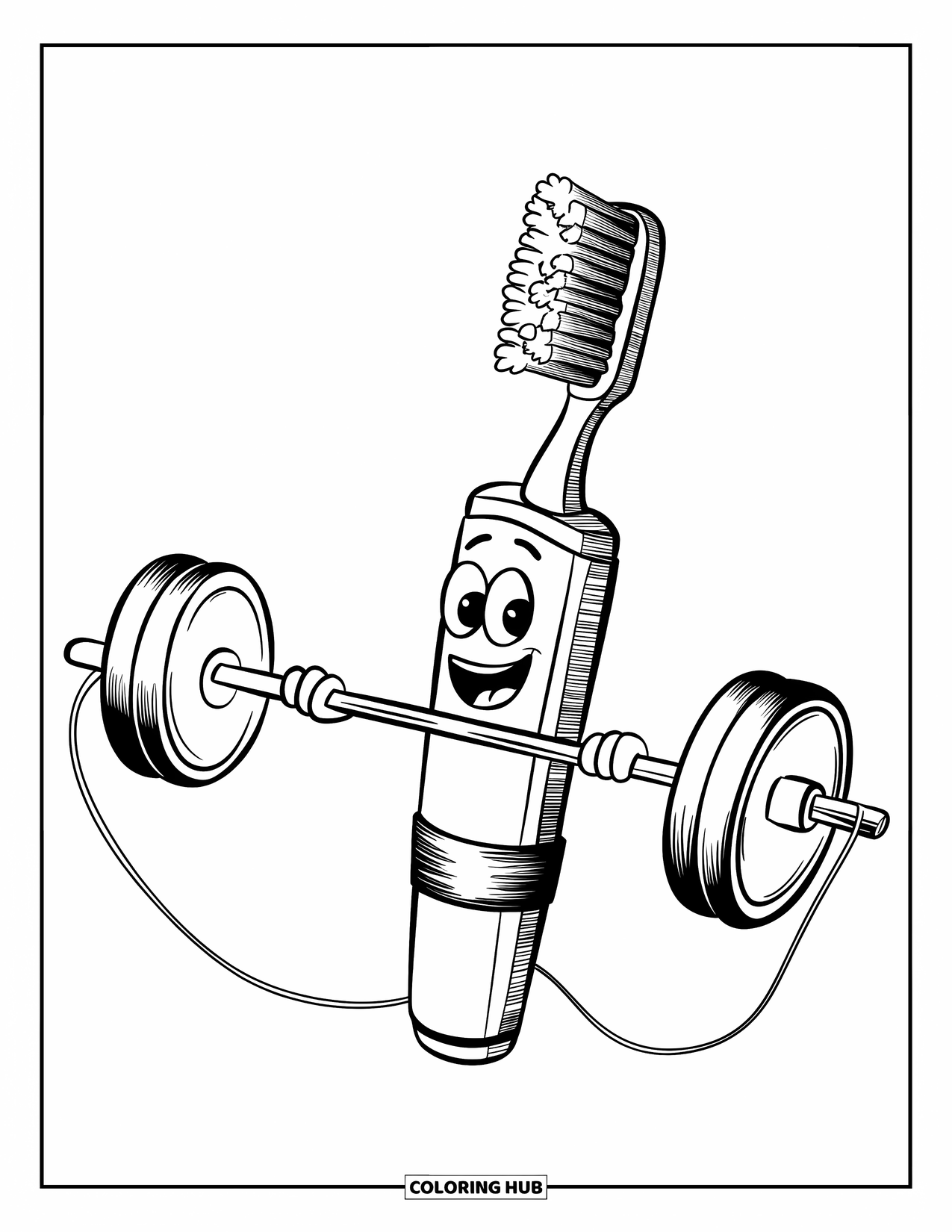 Dentist Coloring Page for Kids: A smiling toothbrush character lifts stretched dental floss like gym weights
