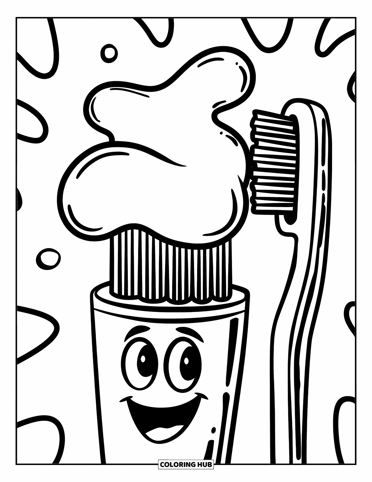 Dentist Coloring Page for Kids: A smiling toothbrush with a hat stands next to a happy toothpaste tube