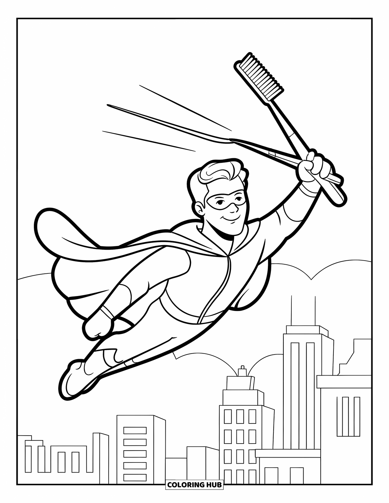 Dentist Coloring Page for Kids: A superhero dentist in a cape flies through the city with floss and brush