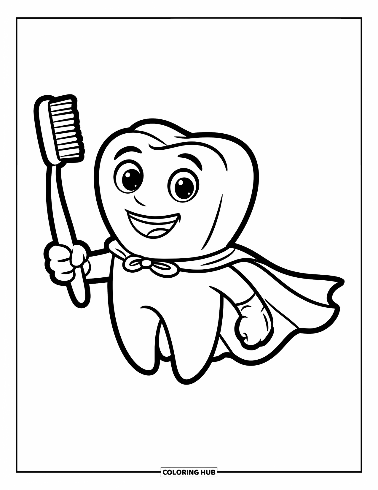 Dentist Coloring Page for Kids: A superhero with a tooth head holds a toothbrush and wears a cape proudly