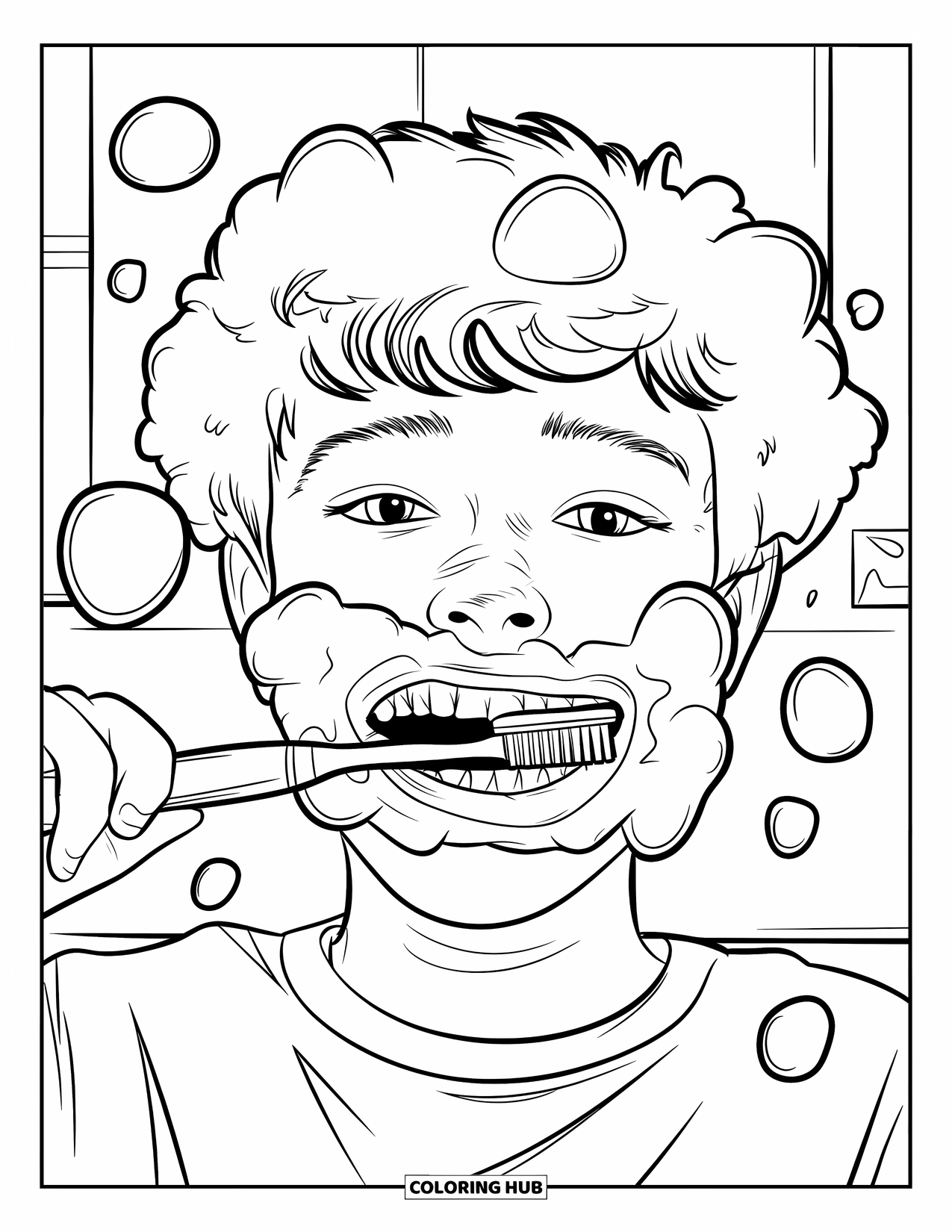 Dentist Coloring Page for Kids: A teen brushes their teeth with foam bubbles and stickers on the wall