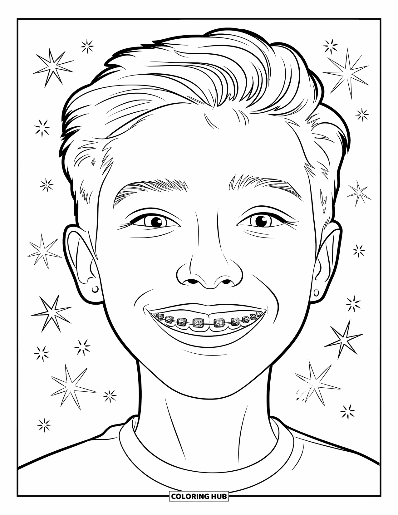 Dentist Coloring Page for Kids: A teen with sparkly braces smiles wide with stars and sparkles around