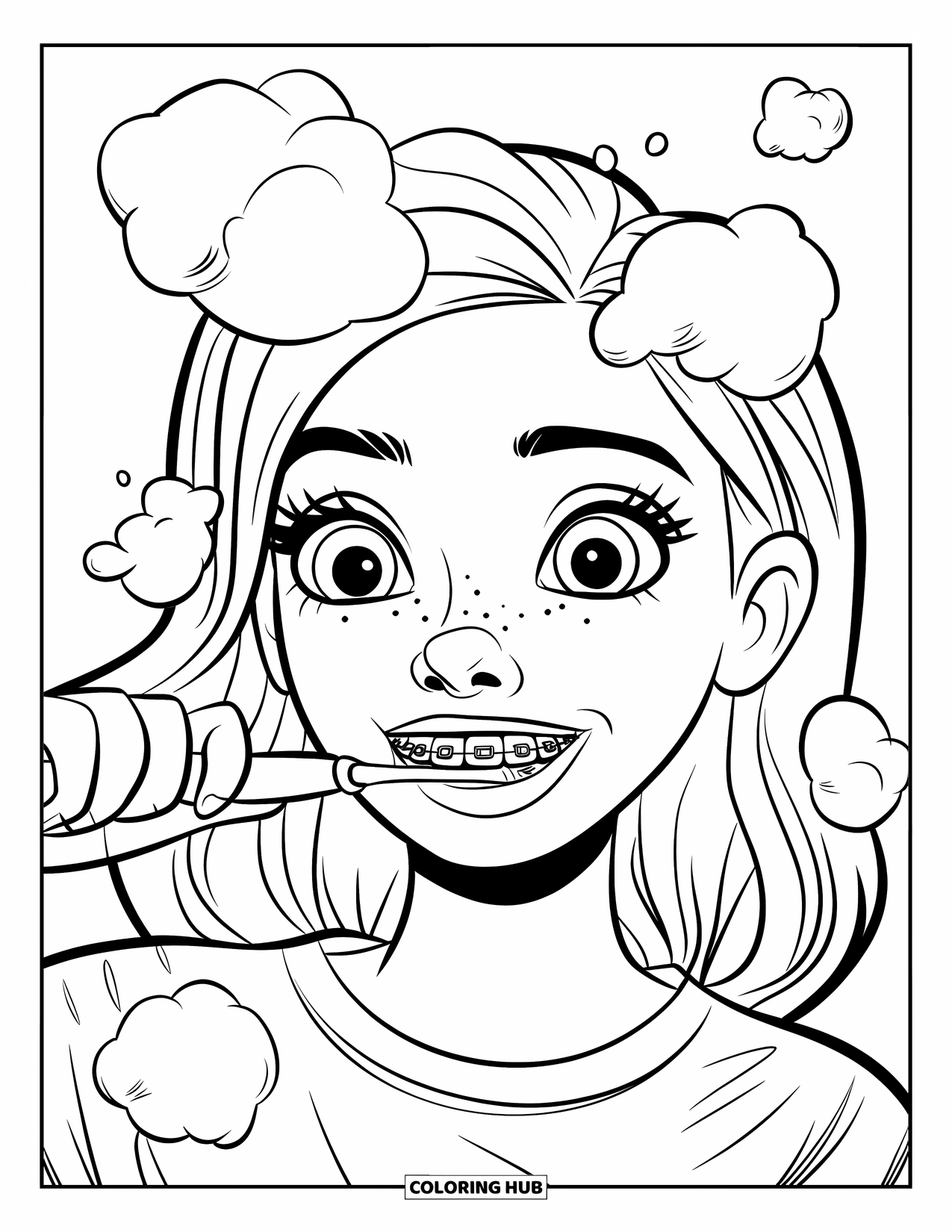 Dentist Coloring Page for Kids: A teenage girl with braces brushes her teeth, surrounded by foam bubbles