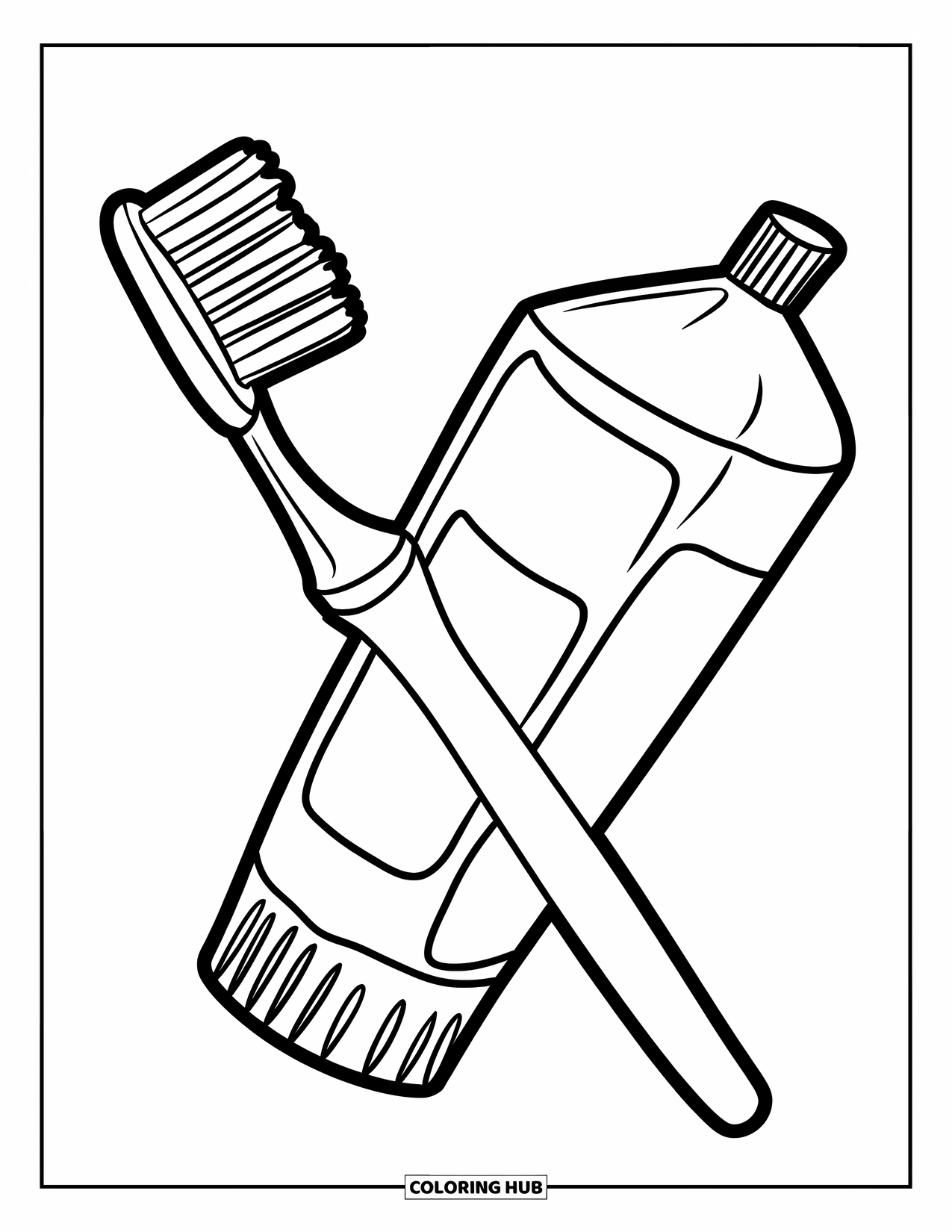 Dentist Coloring Page for Kids: A toothbrush and toothpaste tube cross to form a big X shape