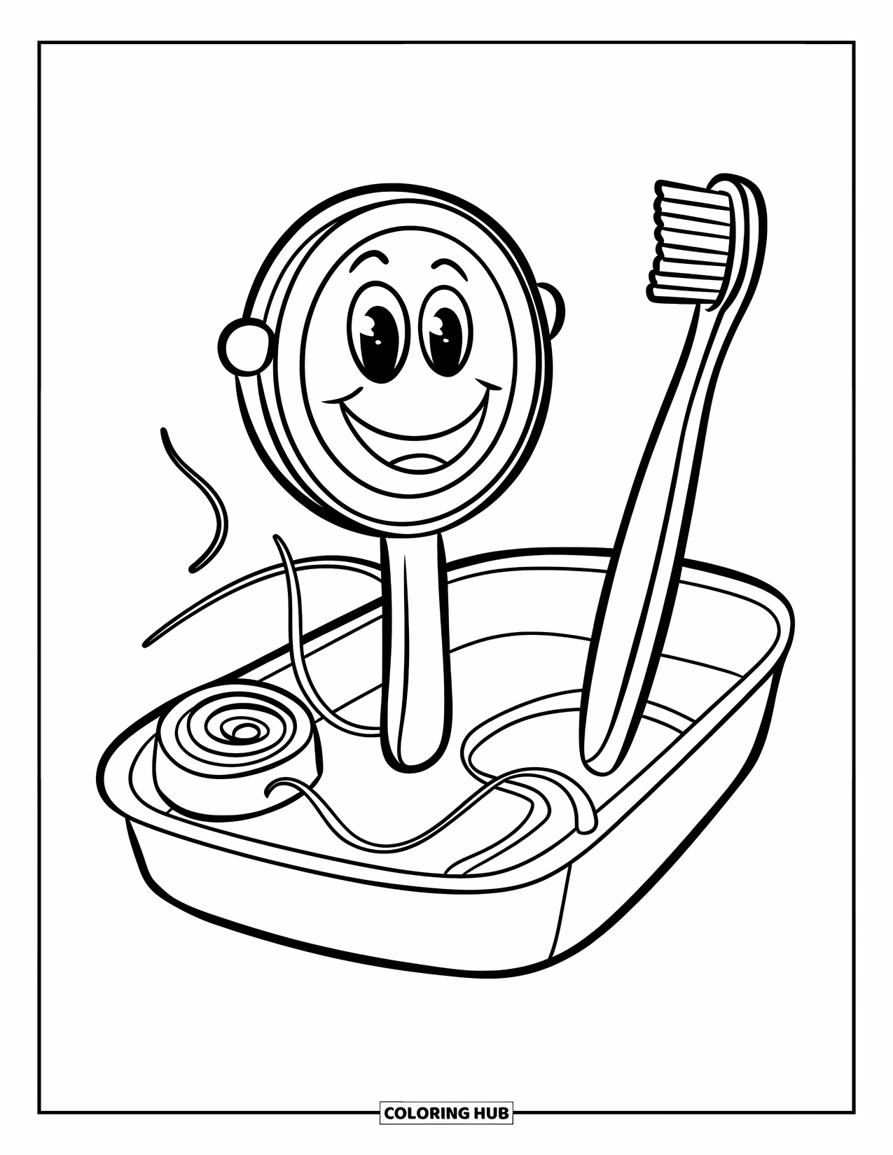 Dentist Coloring Page for Kids: A tray of dental tools includes a toothbrush, mirror with a face, and floss