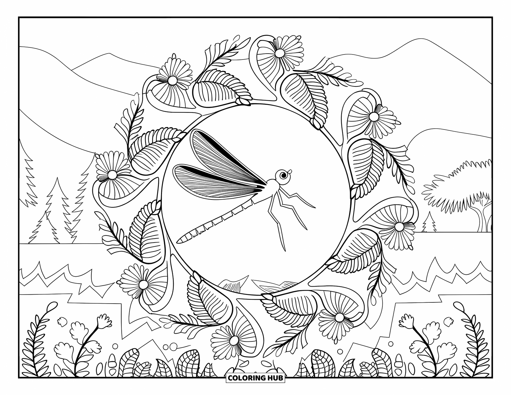 Dragonfly Coloring Page for Adults: A dragonfly glides over a floral mandala set against mountains, trees, and water