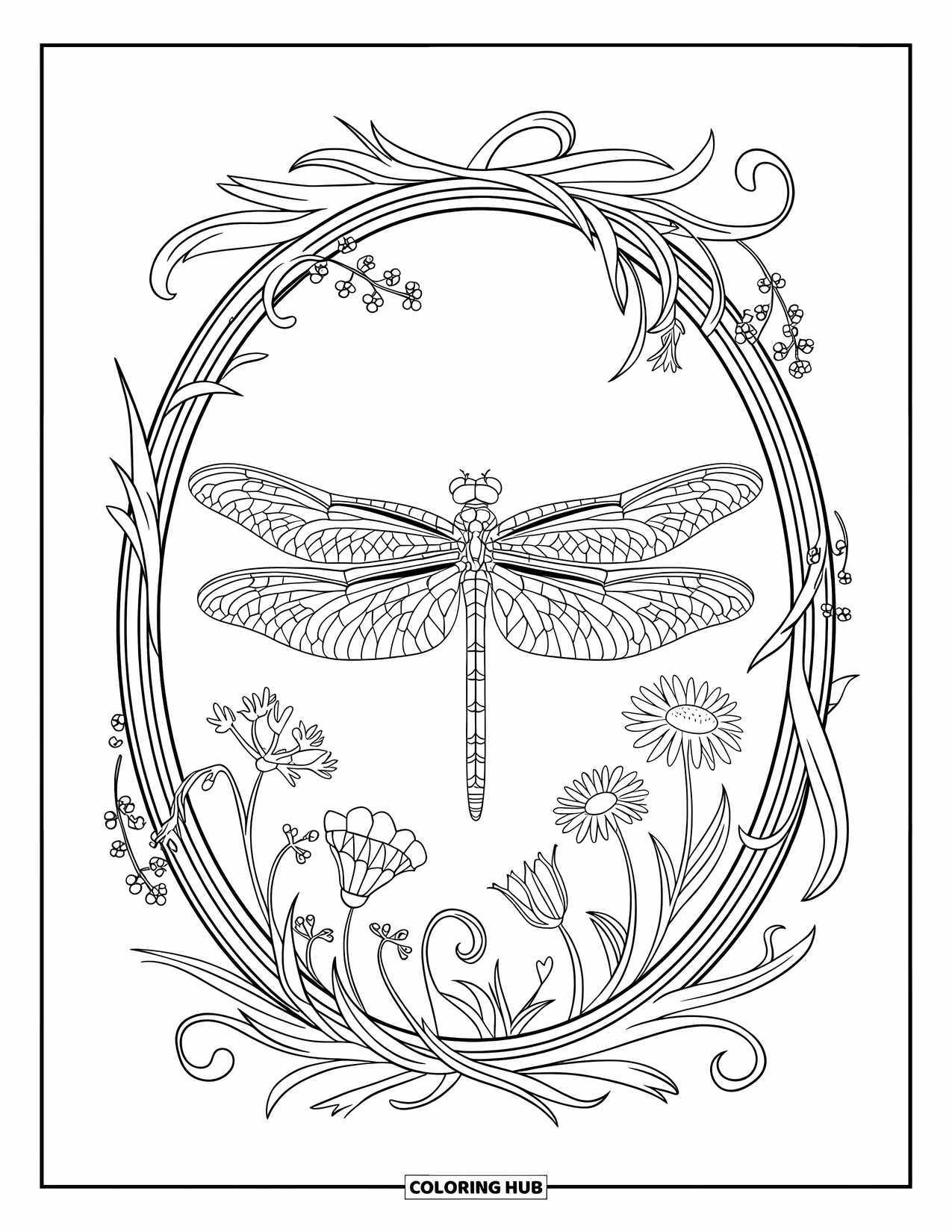 Dragonfly Coloring Page for Adults: A dragonfly in an oval frame surrounded by wildflowers and swirly stems