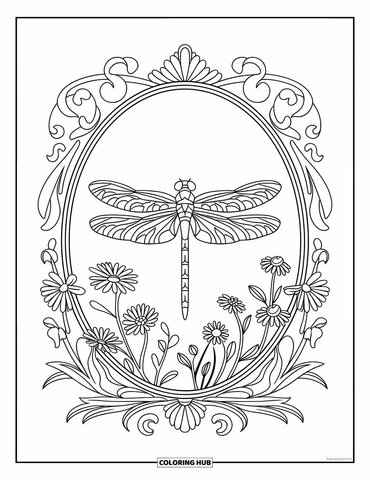 Dragonfly Coloring Page for Adults: A dragonfly rests in a floral oval with curling stems and a fancy border