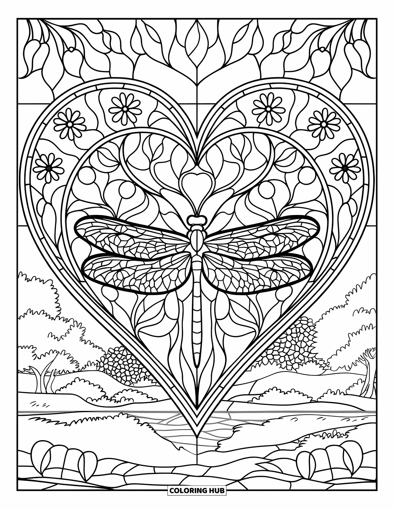 Dragonfly Coloring Page for Adults: A dragonfly rests in a heart-shaped floral window with trees and a calm lake behind