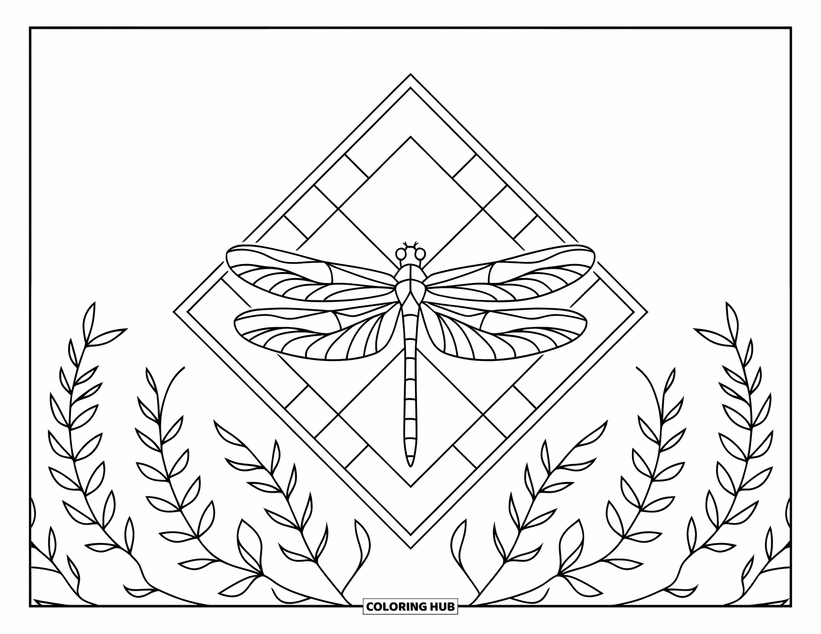 Dragonfly Coloring Page for Adults: A dragonfly rests inside a diamond-shaped frame surrounded by soft plant designs