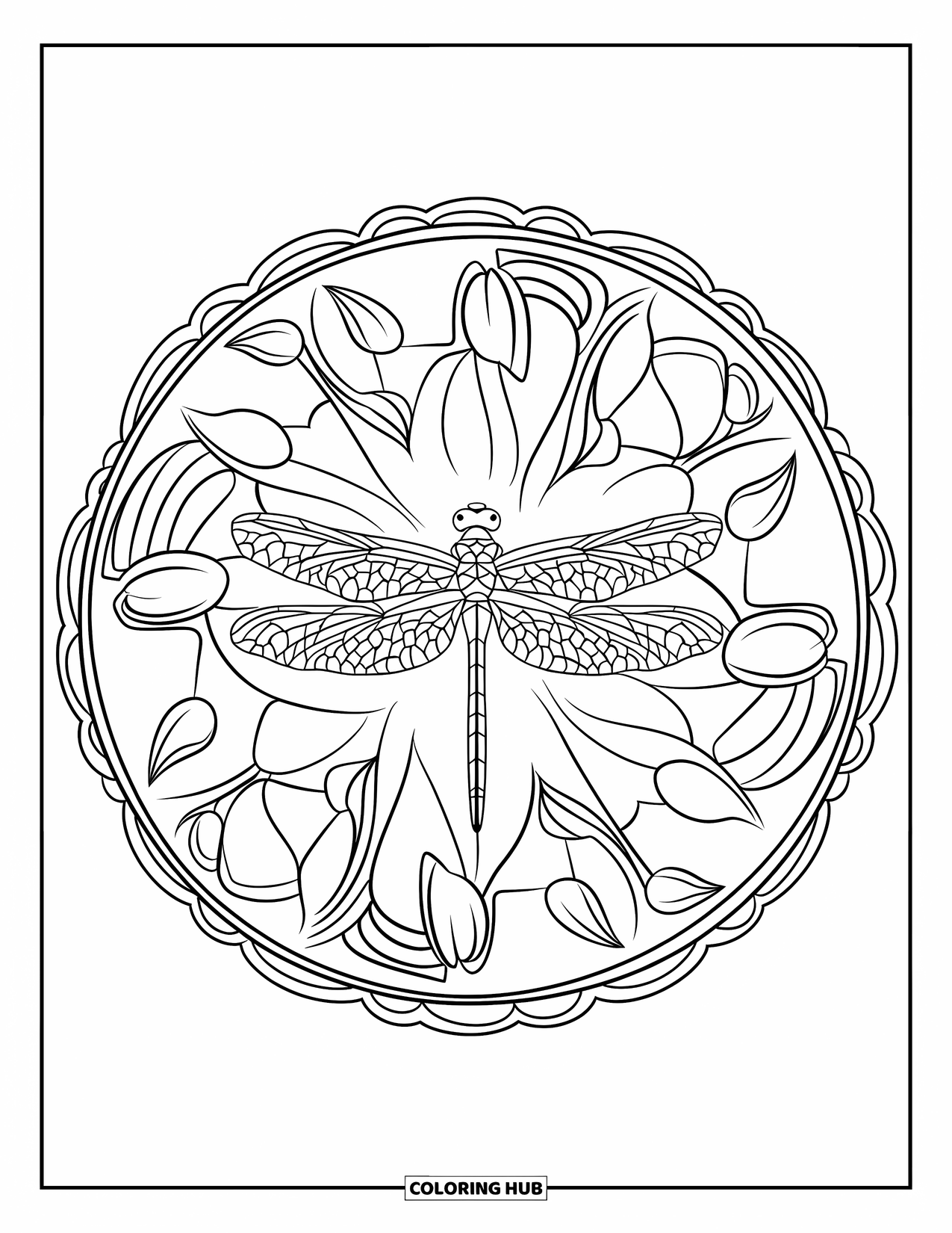 Dragonfly Coloring Page for Adults: A dragonfly sits at the center of a circular mandala made of leaves and flowers