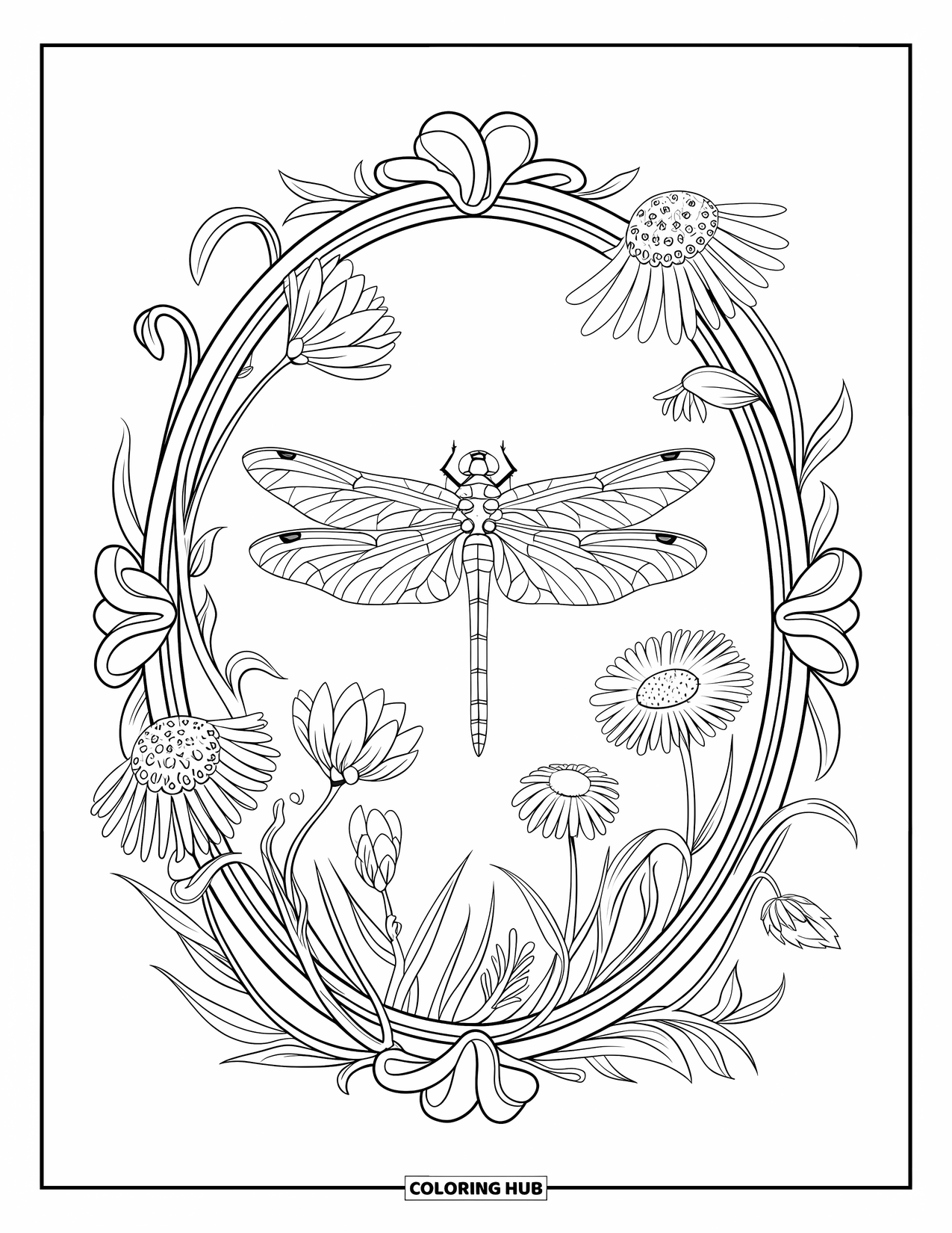 Dragonfly Coloring Page for Adults: A dragonfly sits in an oval frame filled with curling stems and blooming wildflowers