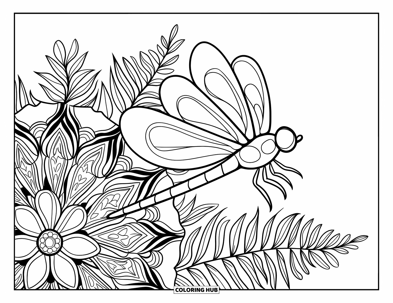 Dragonfly Coloring Page for Adults: A dragonfly soars over a floral mandala with bold, leafy patterns