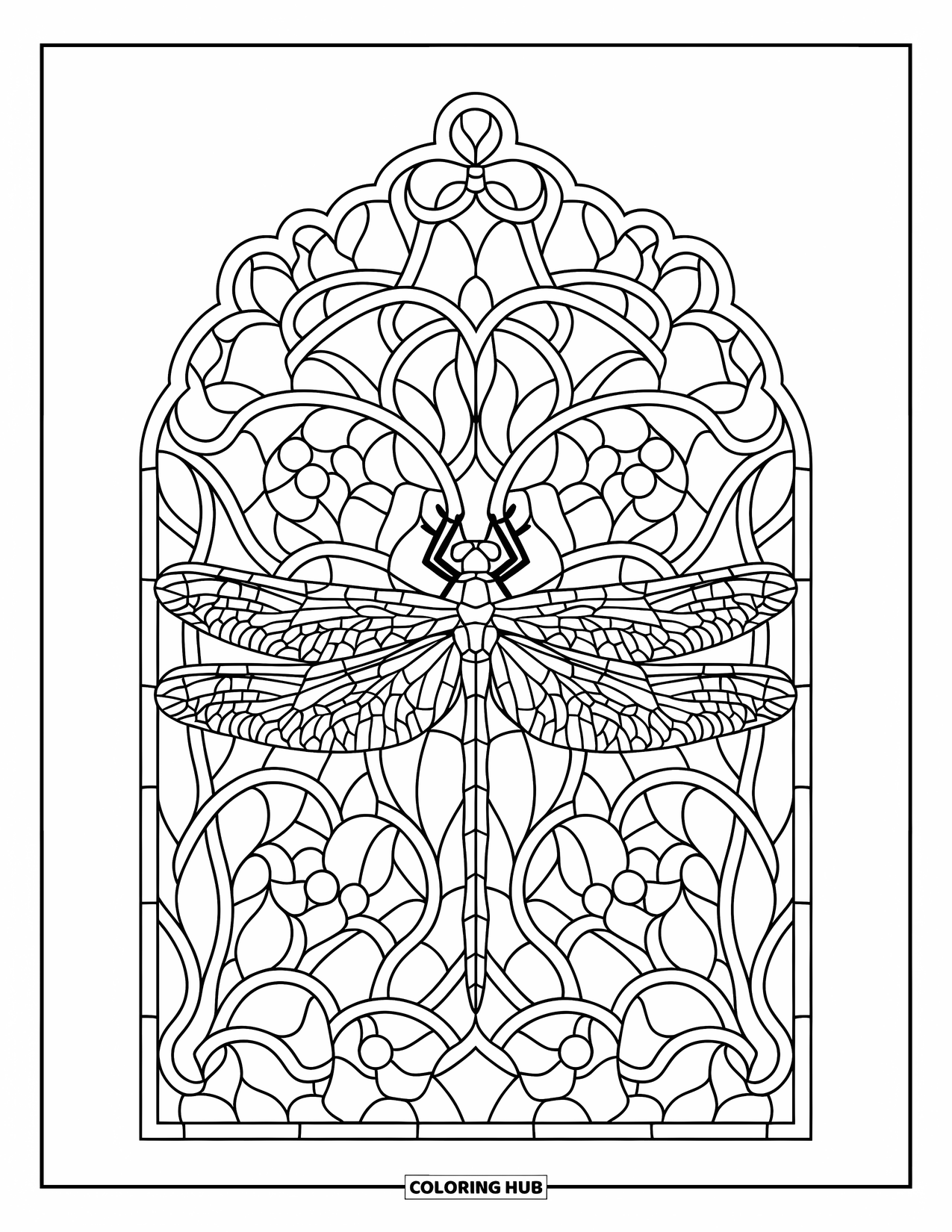Dragonfly Coloring Page for Adults: A dragonfly with long wings rests in a floral window framed by ornate details