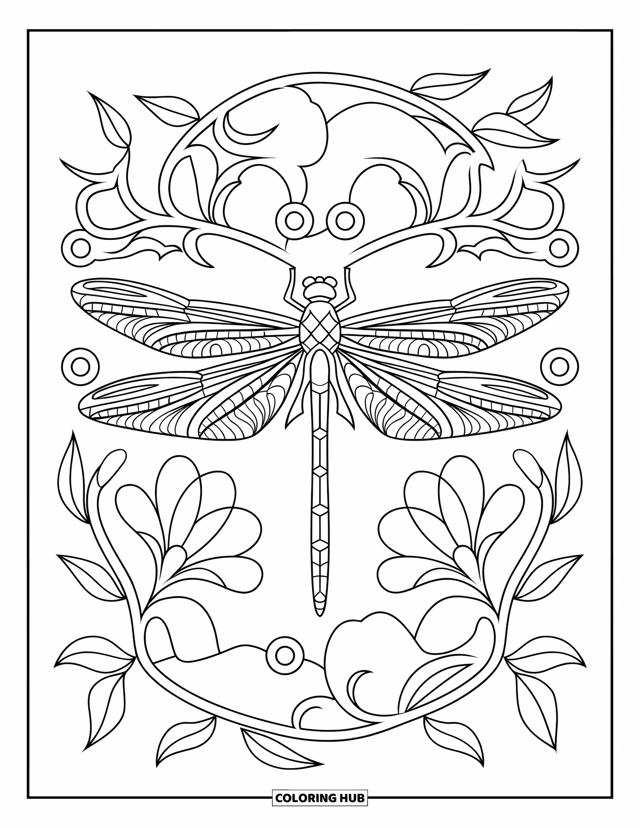Dragonfly Coloring Page for Adults: A dragonfly with open wings is wrapped in floral mandala vines