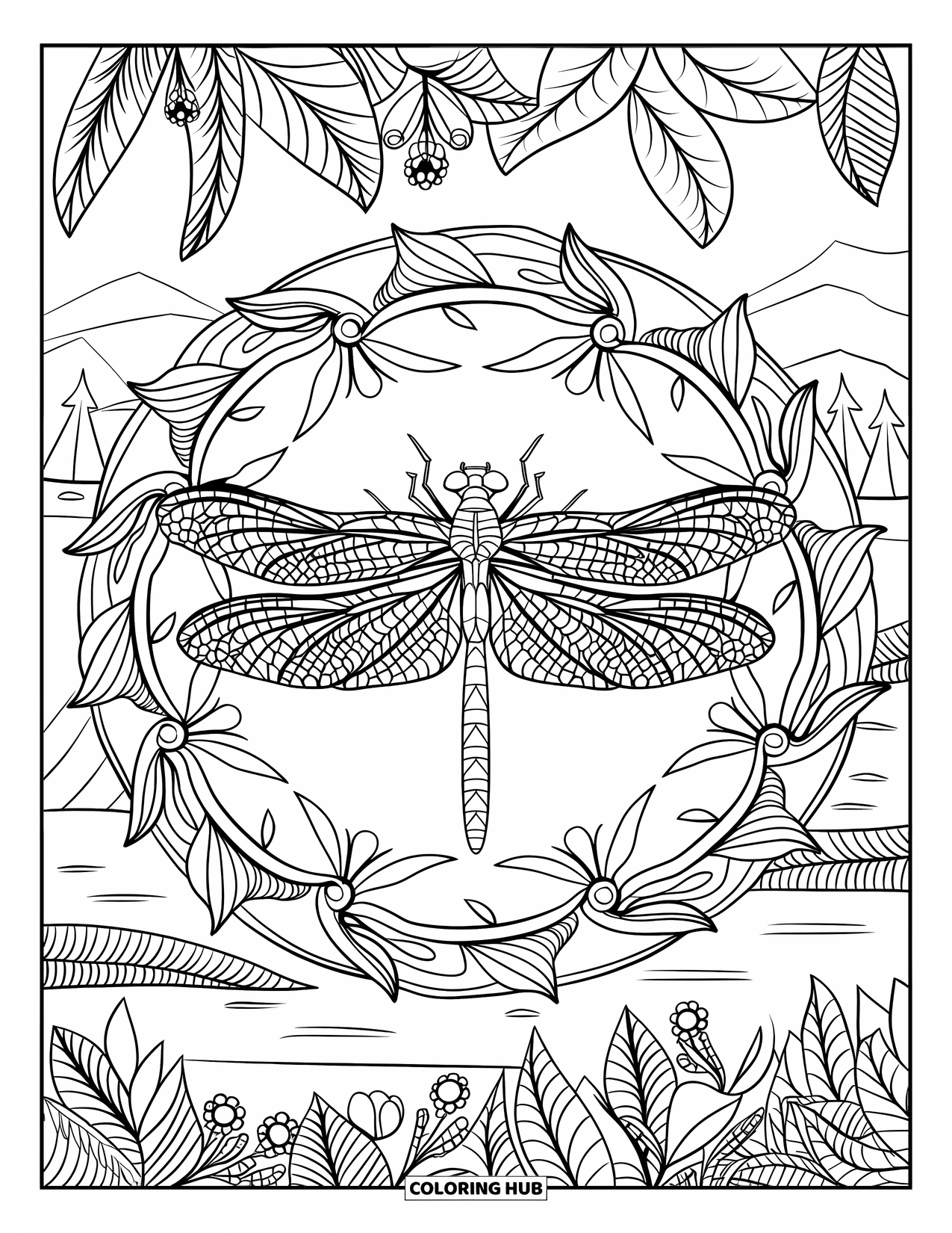 Dragonfly Coloring Page for Adults: A dragonfly with patterned wings sits in a floral circle near trees and a lake