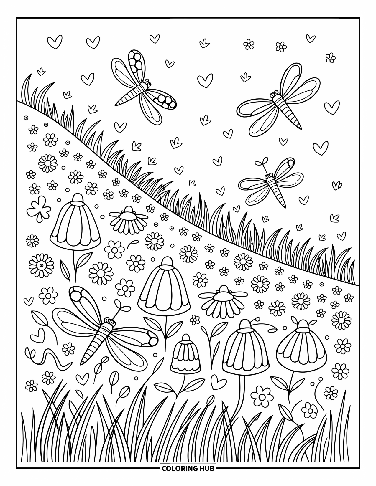 Dragonfly Coloring Page for Adults: A dreamy hill of flowers with bow-winged dragonflies and swirling grass blades