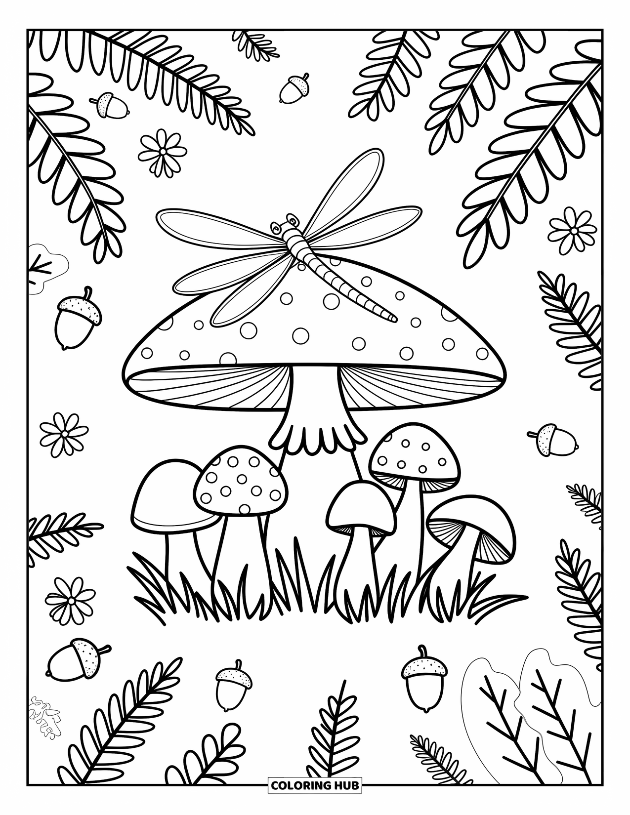 Dragonfly Coloring Page for Adults: A forest floor filled with mushrooms, flowers, and a dragonfly resting peacefully